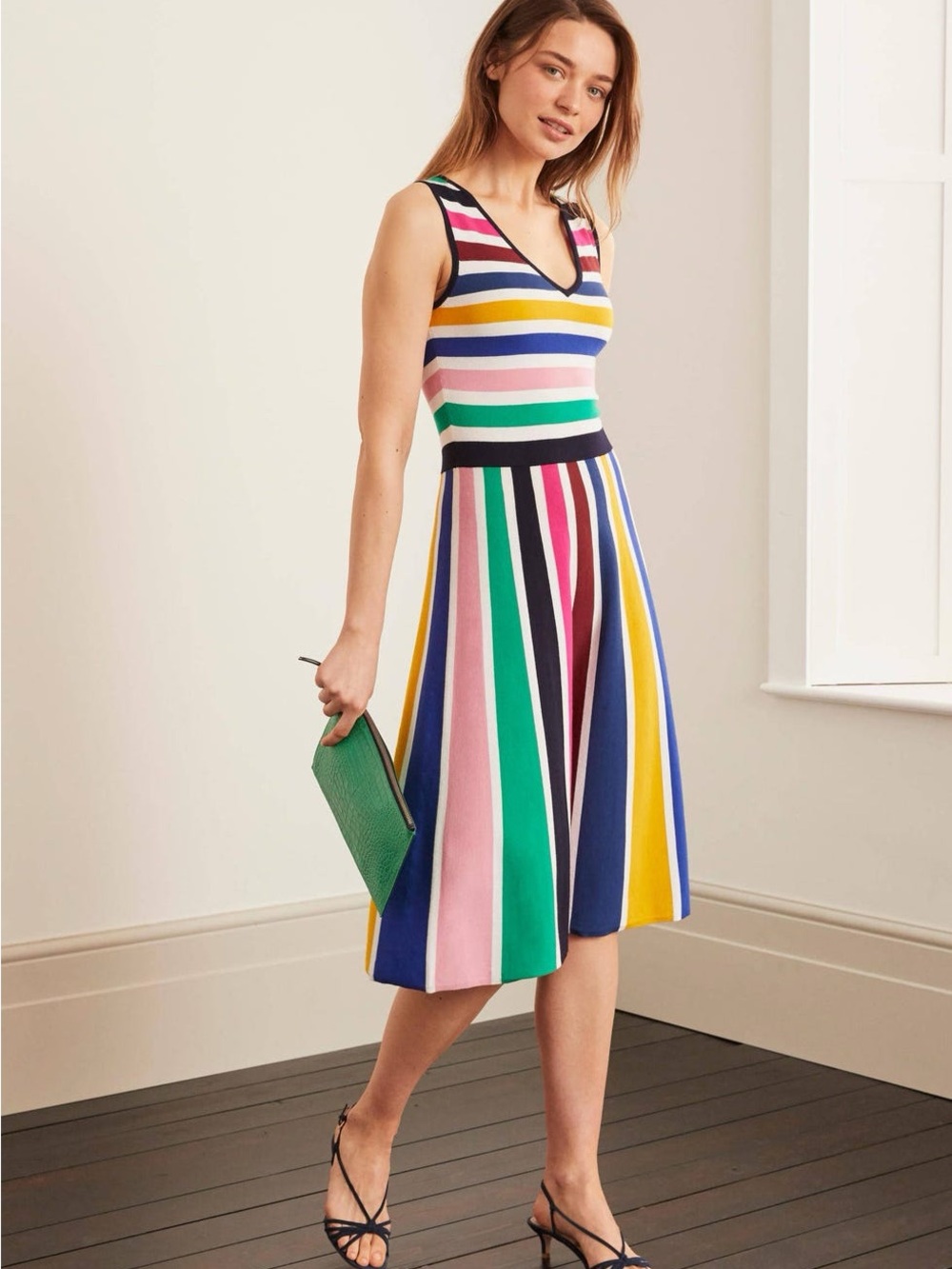 Boden Dress Multicolor Striped V-Neck Sleeveless Midi Summer Fairy Dress